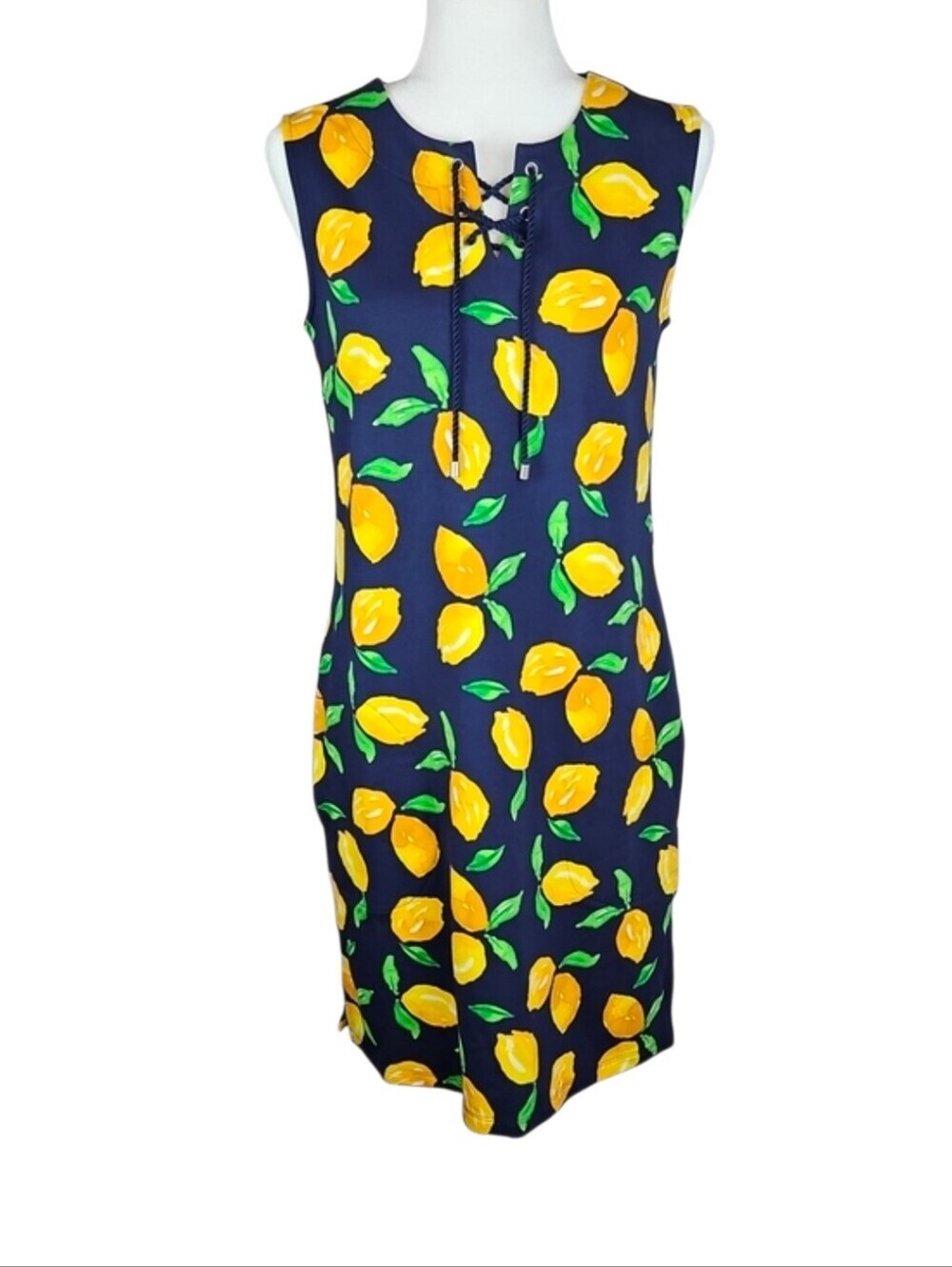 Lemon Print Stretch Sleeveless Knee Length Dress Yellow Navy Blue Summer, XS
